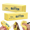 Yellow squishy butter fidget toys in various shapes and sizes shown being held by a hand