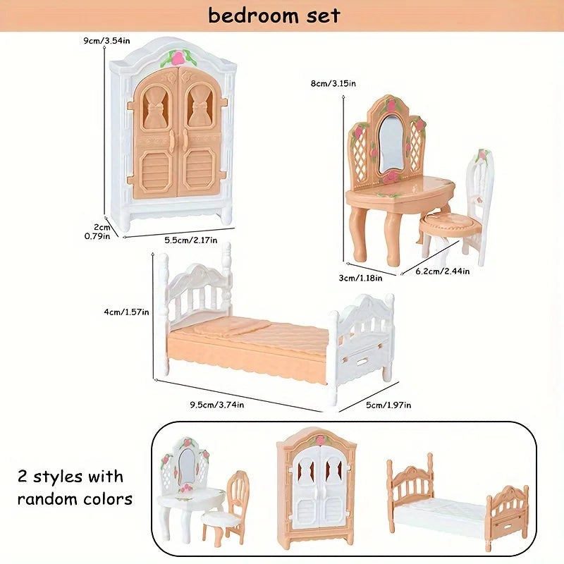 A bedroom set featuring a wooden bed, wardrobe, and mirror for dollhouse pretend play.