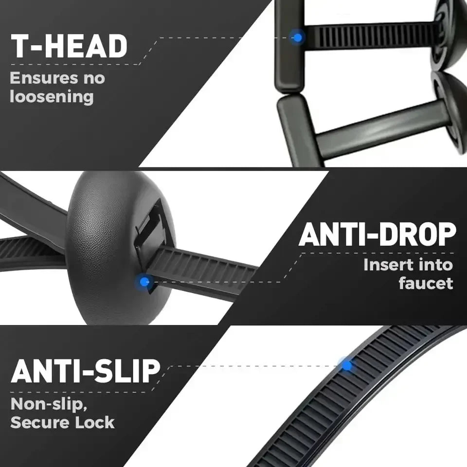 Diagram showing features of a nylon cable tie buckle including T-head, anti-drop, and anti-slip designs.
