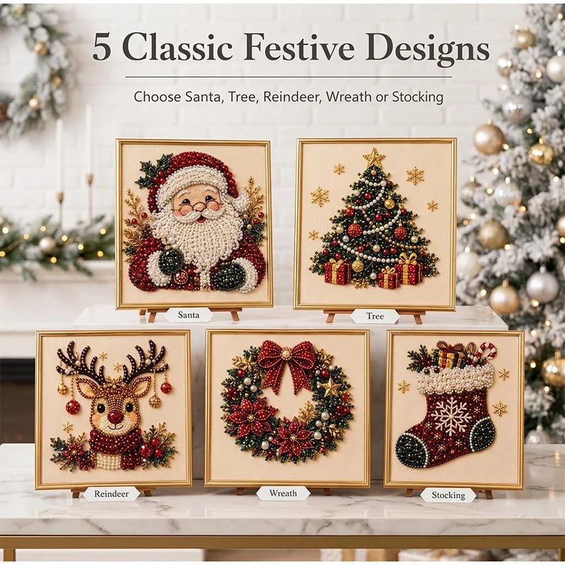 Fünf klassische festliche Designs mit Santa, Baum, Rentier, Kranz und Socken als Diamant-Mal-Kits