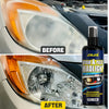 Before and after comparison of a car headlight restoration product applied to an automotive headlight.