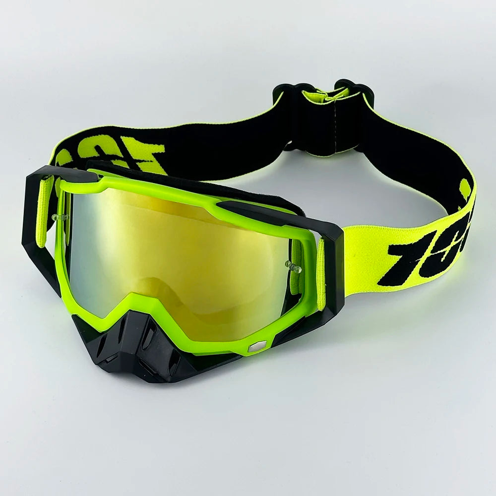 A pair of black and neon yellow motorcycle goggles with a black strap, shown against a white background.