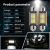 A pair of white LED bulbs with a yellow tint are shown alongside technical parameters and an installed view in a car interior