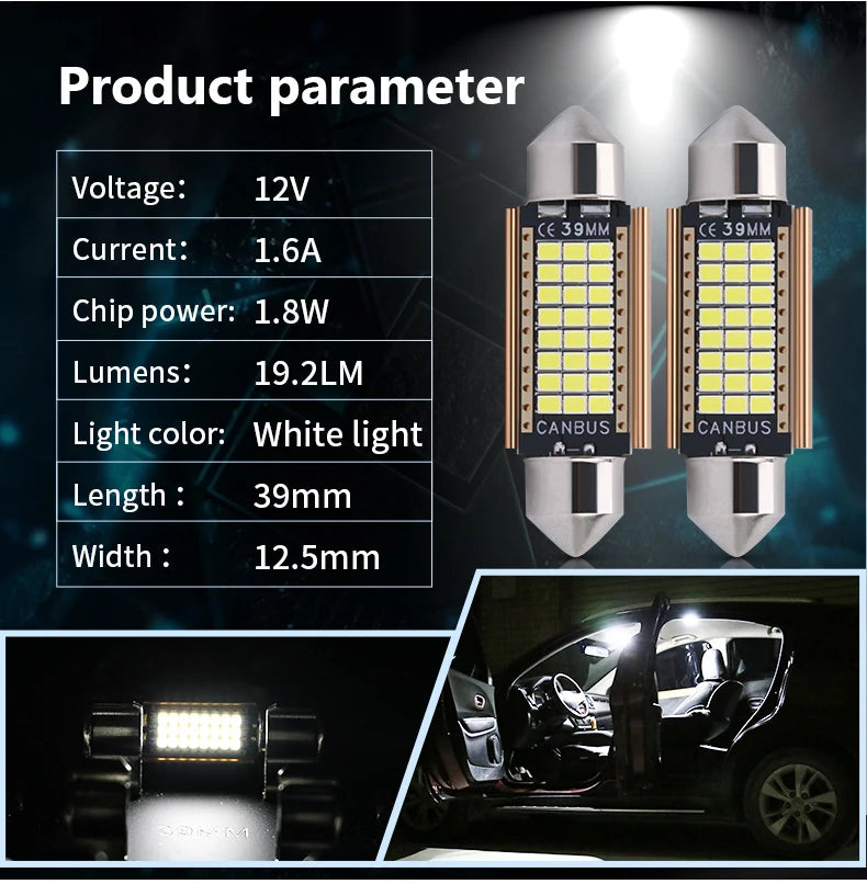 A pair of white LED bulbs with a yellow tint are shown alongside technical parameters and an installed view in a car interior