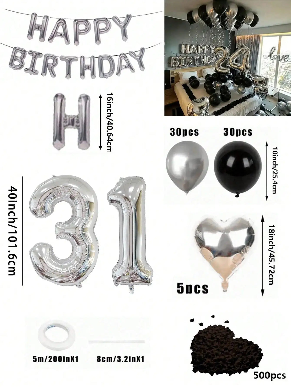 A kit featuring black and silver balloons, including foil numbers, heart shapes, and filler material for a balloon garland.