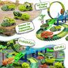 A set of green and yellow dinosaur cars and climbing tracks for a children's adventure toy set