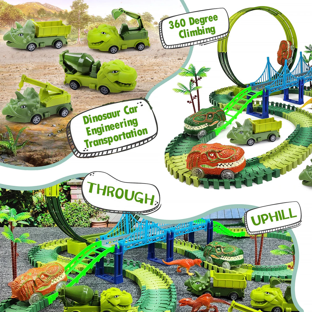 A set of green and yellow dinosaur cars and climbing tracks for a children's adventure toy set