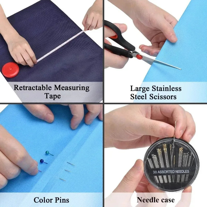 A collection of sewing tools including a retractable measuring tape, steel scissors, color pins, and a needle case.