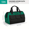 A green and black thickened Oxford cloth tool storage bag with multiple pockets shown from the top.