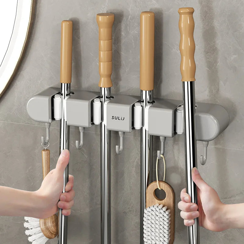 Wall-Mounted Mop and Broom Holder with Adhesive Mount