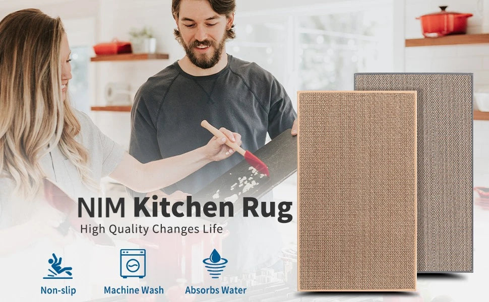 A woman and a man are shown in a kitchen setting, with a rug being worked on. The product is a non-slip kitchen rug.