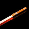 An RGB metal lightsaber with a glowing red blade and an orange hilt against a black background.