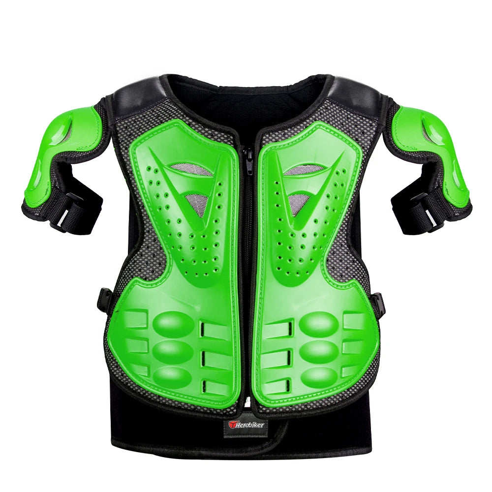 Green motocross body armor set featuring elbow and knee pads for children