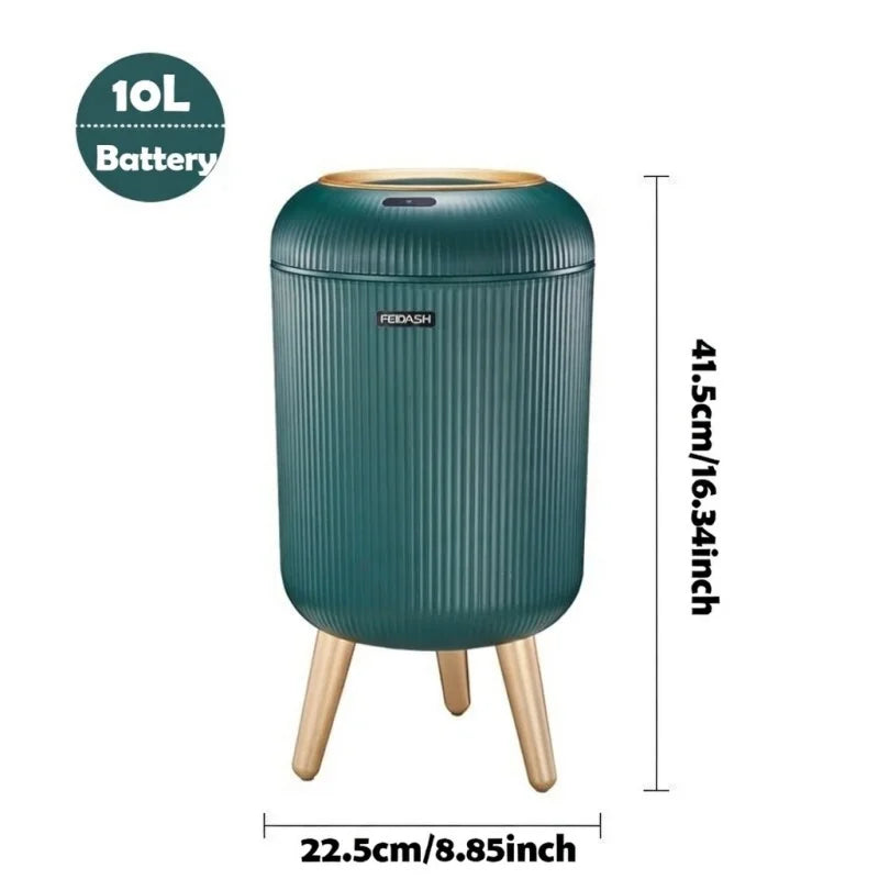 A teal smart motion sensor trash can with a wooden base and a 10L battery.