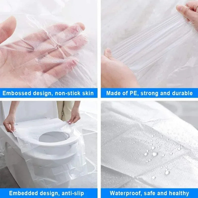 Close-up shots showing the embossed and embedded design of a clear disposable toilet seat cover made of PE, highlighting its 
