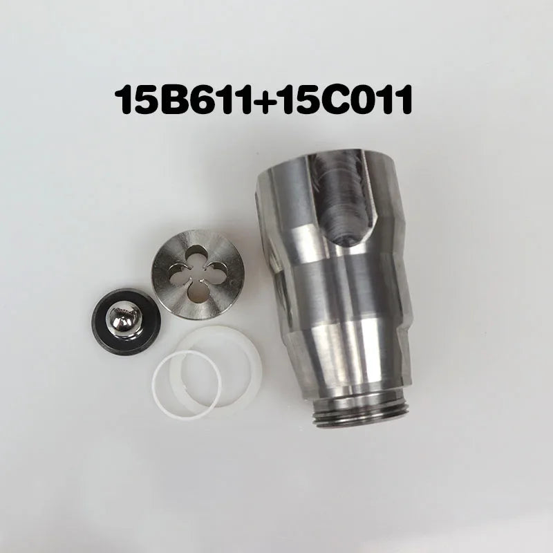 A set of airless sprayer pump plunger rod and valve repair kit components including a metal rod and washers.