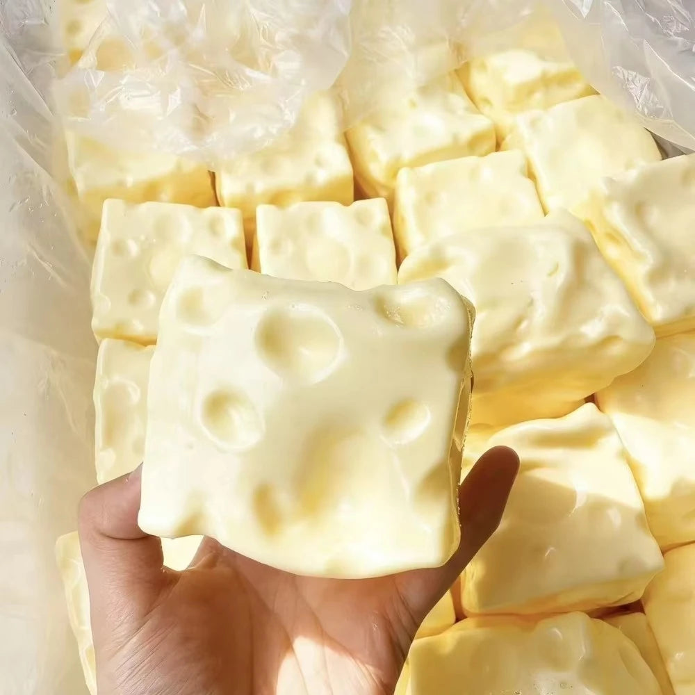 A hand holds a block of realistic cheese squishy stress relief fidget toy inside a clear plastic bag.