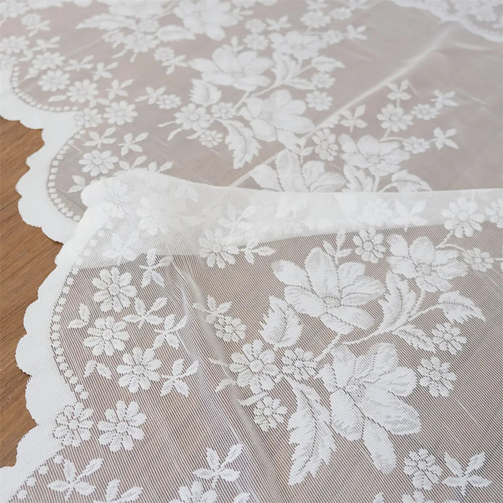 White Sheer Lace Curtain Valance with Floral Jacquard Pattern