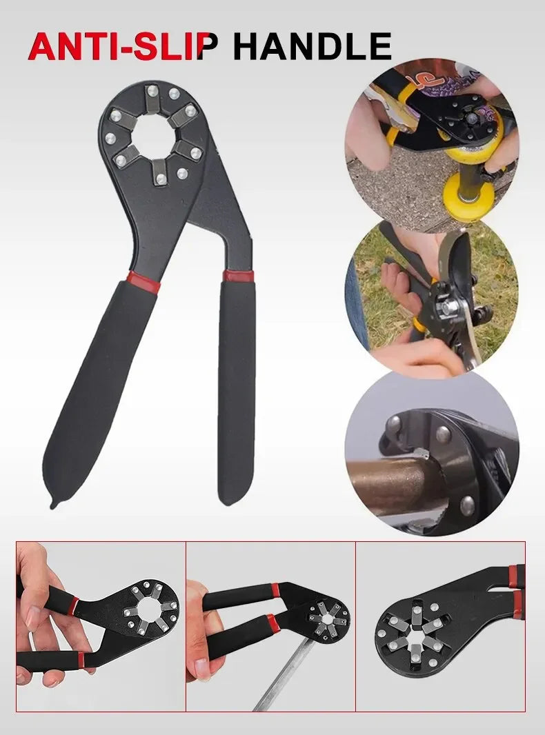 Anti-slip handle for an adjustable wrench, showing various angles and close-ups of the tool.