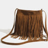 A brown bohemian fringe shoulder bag with long tassels is displayed against a light background.