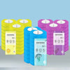 A set of purple and yellow disposable toilet brush refills with built-in cleaning solution.