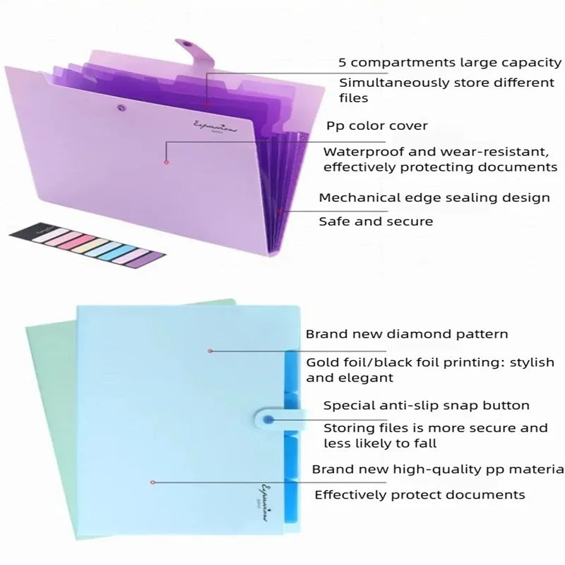 A purple accordion document folder with a pp color cover and a light blue folder featuring a diamond pattern.