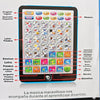A black tablet displaying colorful icons for learning Spanish and English, including letters, numbers, and vocabulary.