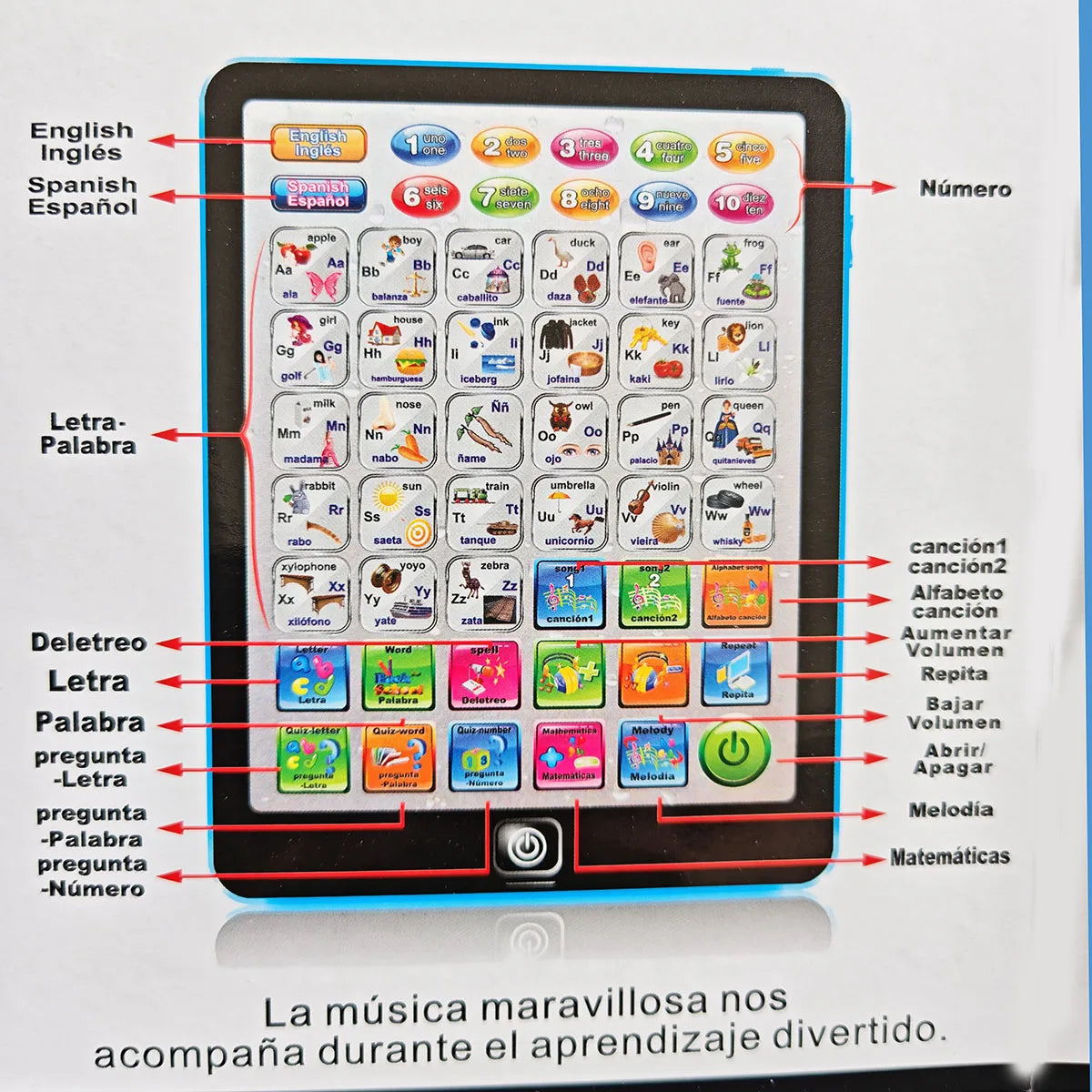 A black tablet displaying colorful icons for learning Spanish and English, including letters, numbers, and vocabulary.