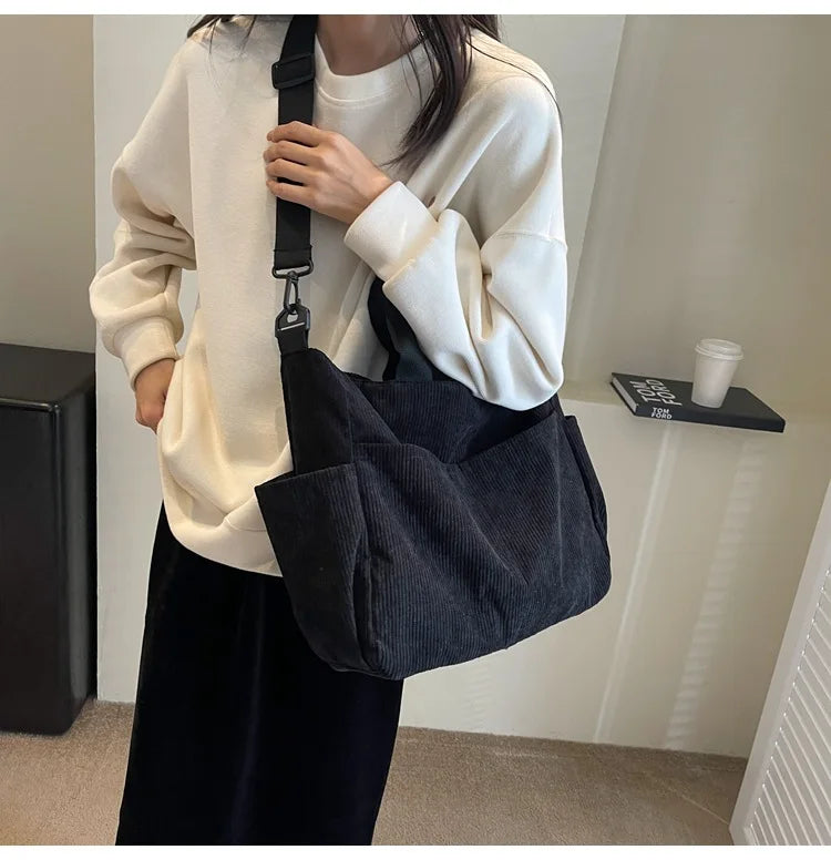 Multi-Pocket Corduroy Tote Bag – Large Capacity Casual Satchel for Travel, Work & Commute