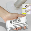 A hand holds a white tube of moldable waterproof sealing clay labeled MI FENG JIAO NI for sealing AC holes, pipes, and wall g