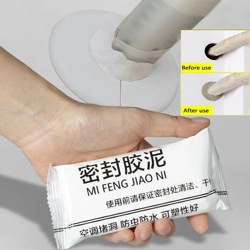 A hand holds a white tube of moldable waterproof sealing clay labeled MI FENG JIAO NI for sealing AC holes, pipes, and wall g
