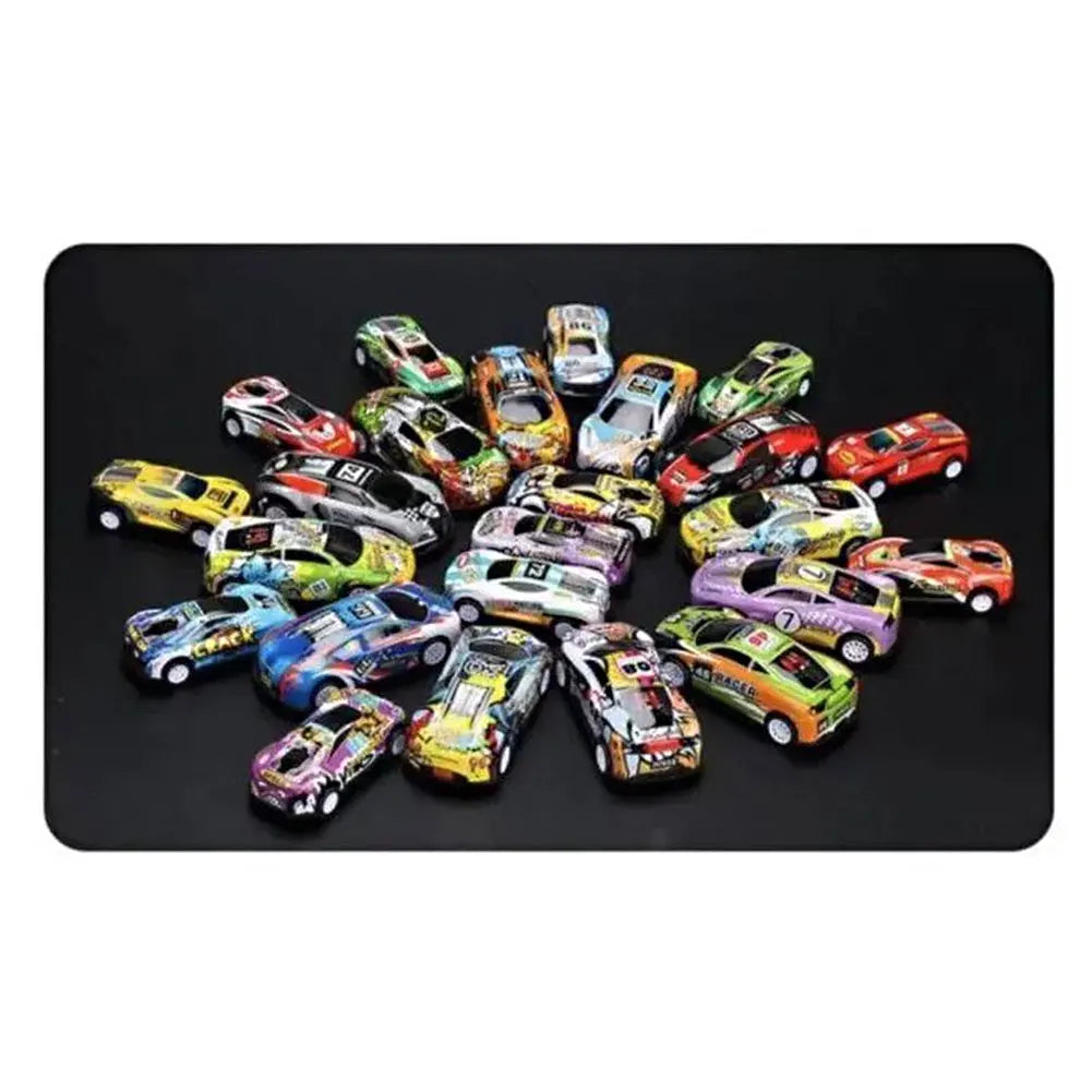 A collection of various die-cast pull-back cars in different colors and models displayed on a black surface.