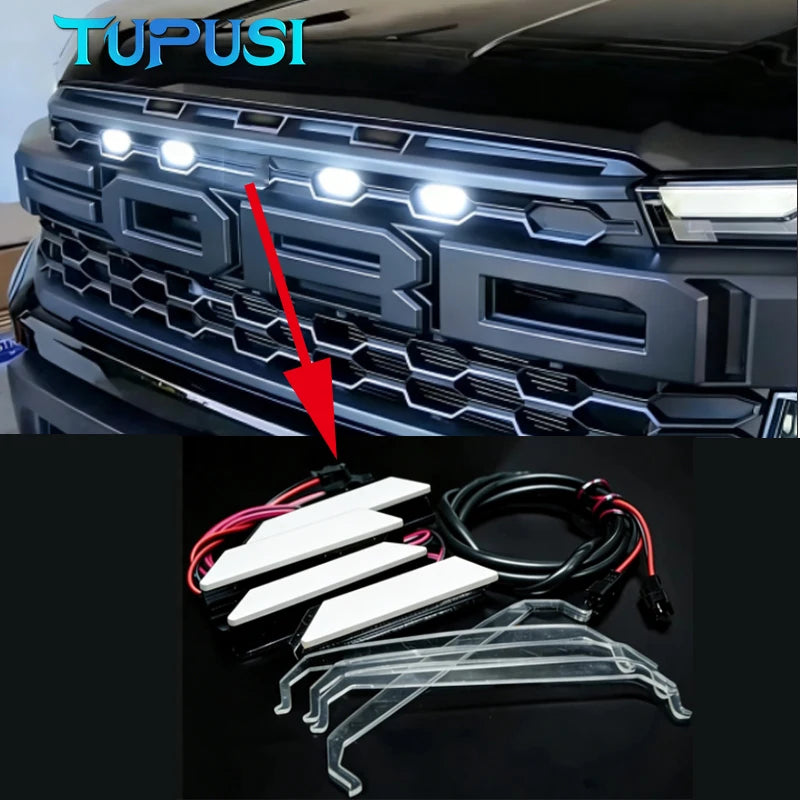 White LED grille light kit for Ford Ranger Raptor featuring a custom light bar and clear protective cover.