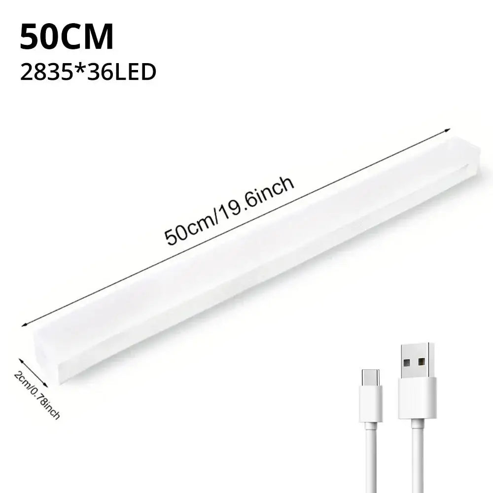 A white LED light bar with a magnetic mount and power cord is shown in a horizontal view.