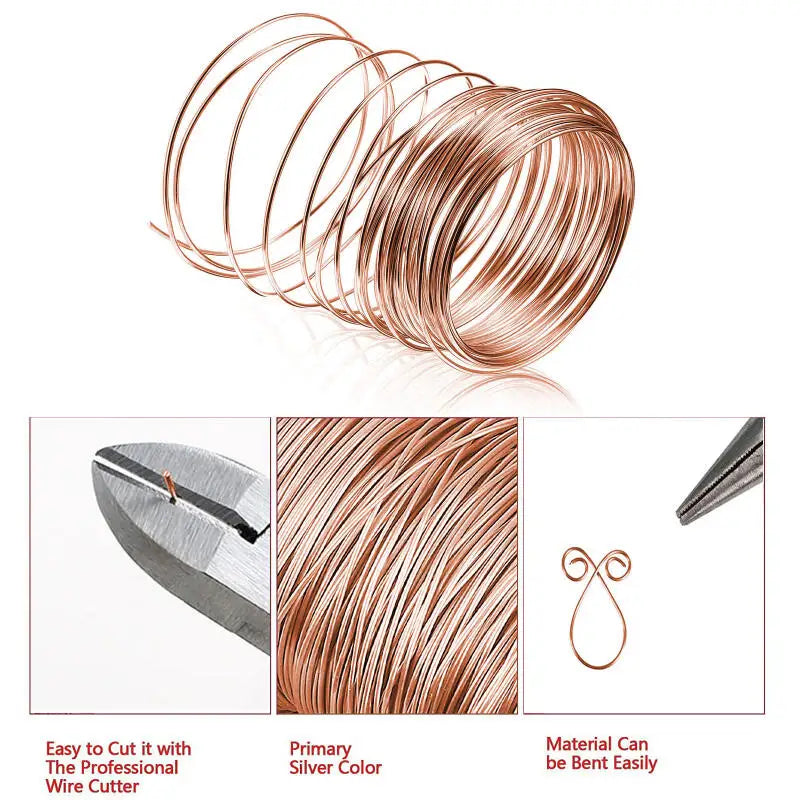 A coil of copper wire used for jewelry making and electrical projects, showing the wire, a cutter, and a bent piece.