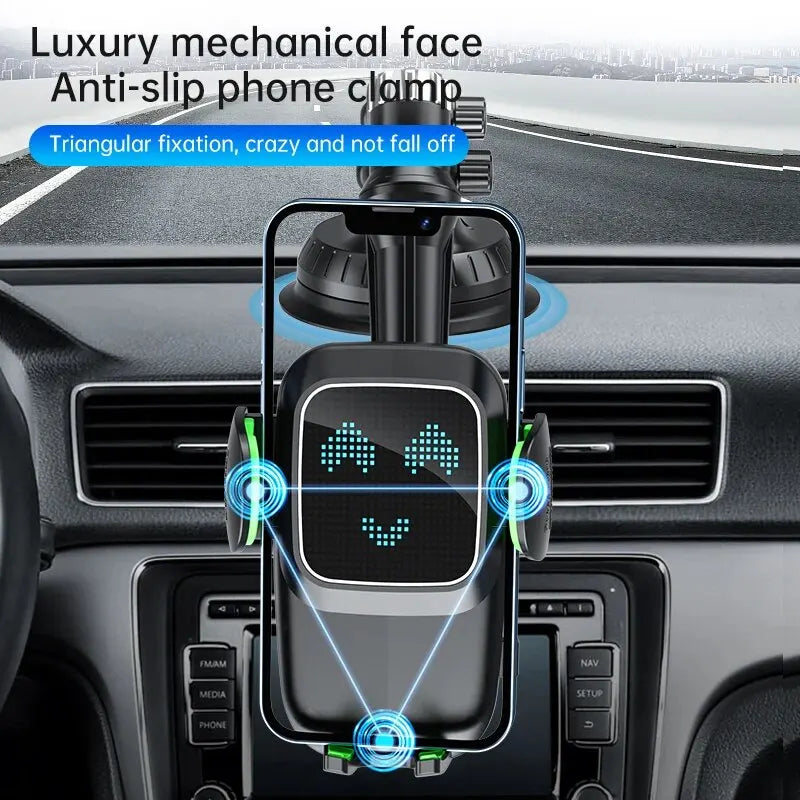 Sujetador mecánico anti-resbalar para teléfono montado en el tablero de un coche.