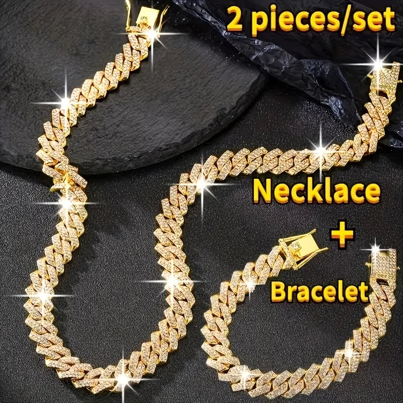 Heavy Cuban Chain Jewelry Set with Crystal Accents