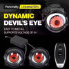 A 3-inch Dynamic Devil Eye LED headlight with a remote control and lens visible against a black background.