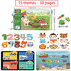 A busy book with 15 themes and 30 pages featuring various activities for toddlers.