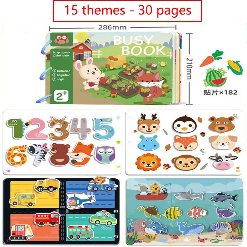 A busy book with 15 themes and 30 pages featuring various activities for toddlers.