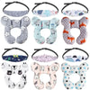 A collection of baby car seat head and neck support pillows with safety straps in various patterns and colors.