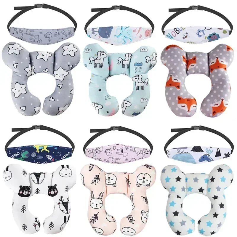A collection of baby car seat head and neck support pillows with safety straps in various patterns and colors.