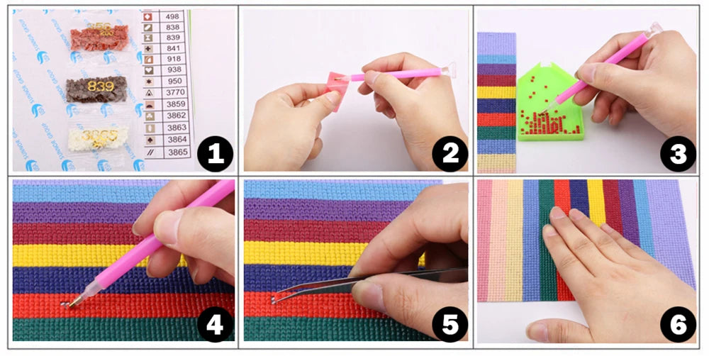 A six-step process demonstrating how to use a diamond painting kit, including organizing and painting techniques.