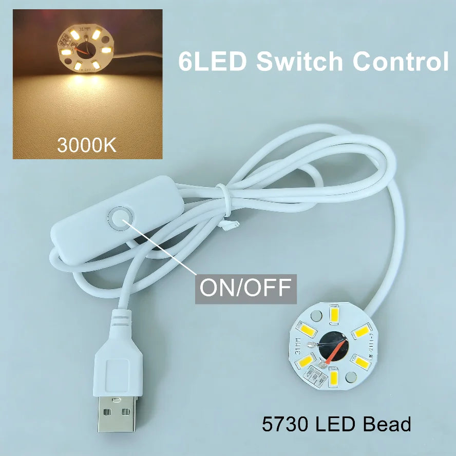 A white USB LED bead with an ON/OFF switch and a white cable is shown next to its control unit.