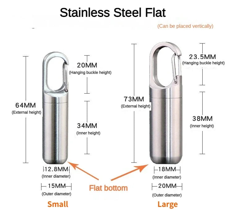 Stainless steel flat pill capsule with a hanging buckle keychain shown in small and large sizes