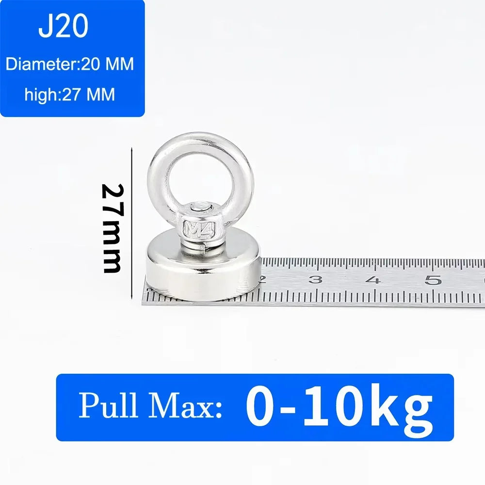 Silver fishing magnet with eyebolt, 20mm diameter and 27mm height.