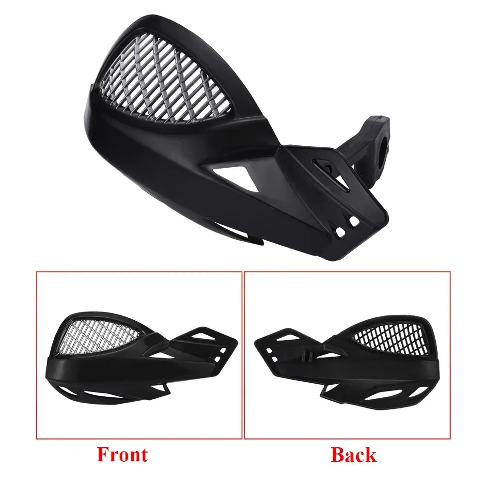 Black universal motorcycle hand guards shown from the front and back views