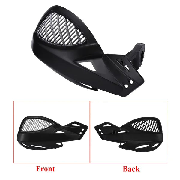 Black universal motorcycle hand guards shown from the front and back views