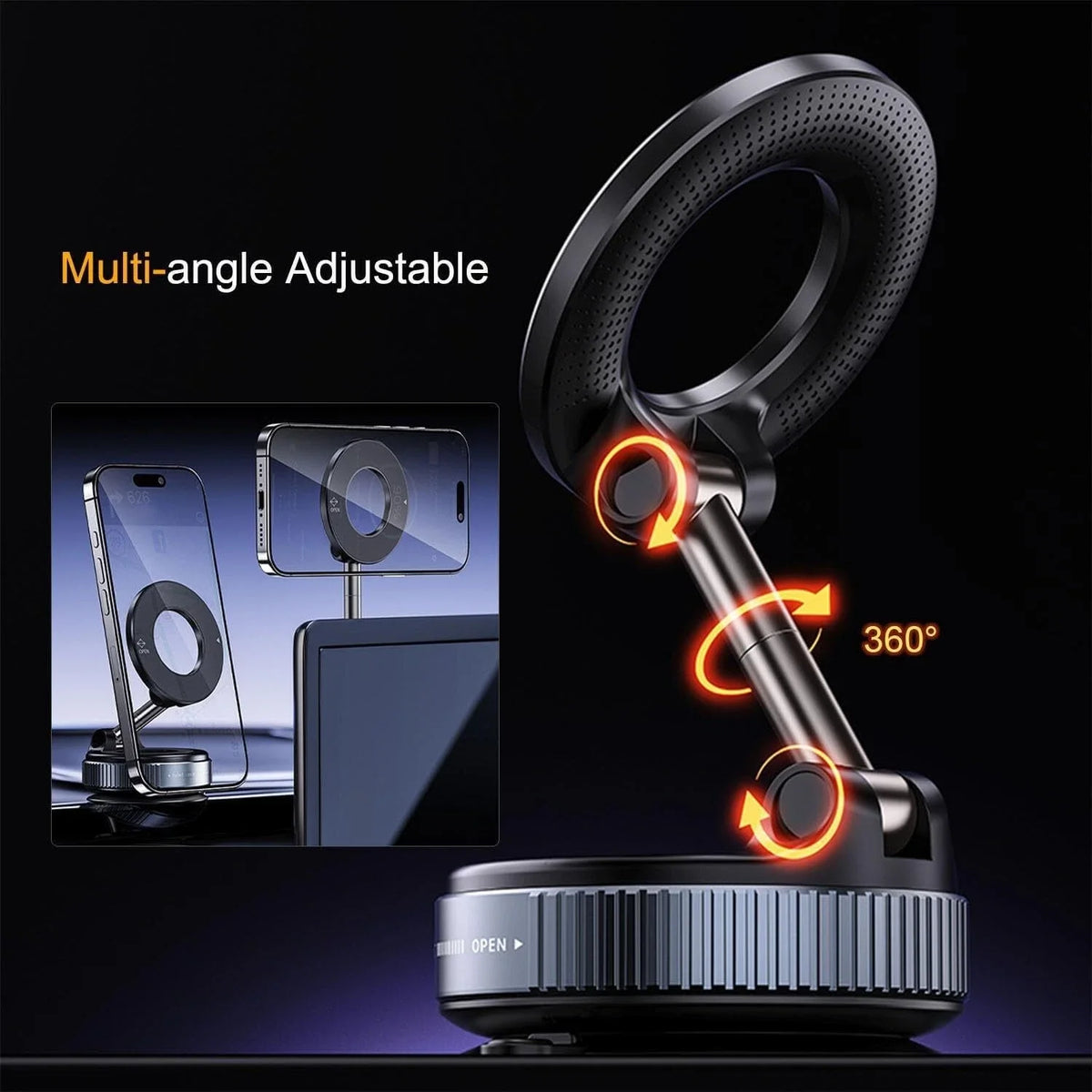 A black multi-angle adjustable magnetic car phone mount demonstrating 360 degree rotation and vacuum suction.
