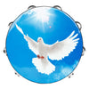 A white dove in flight against a bright blue sky with sun rays.